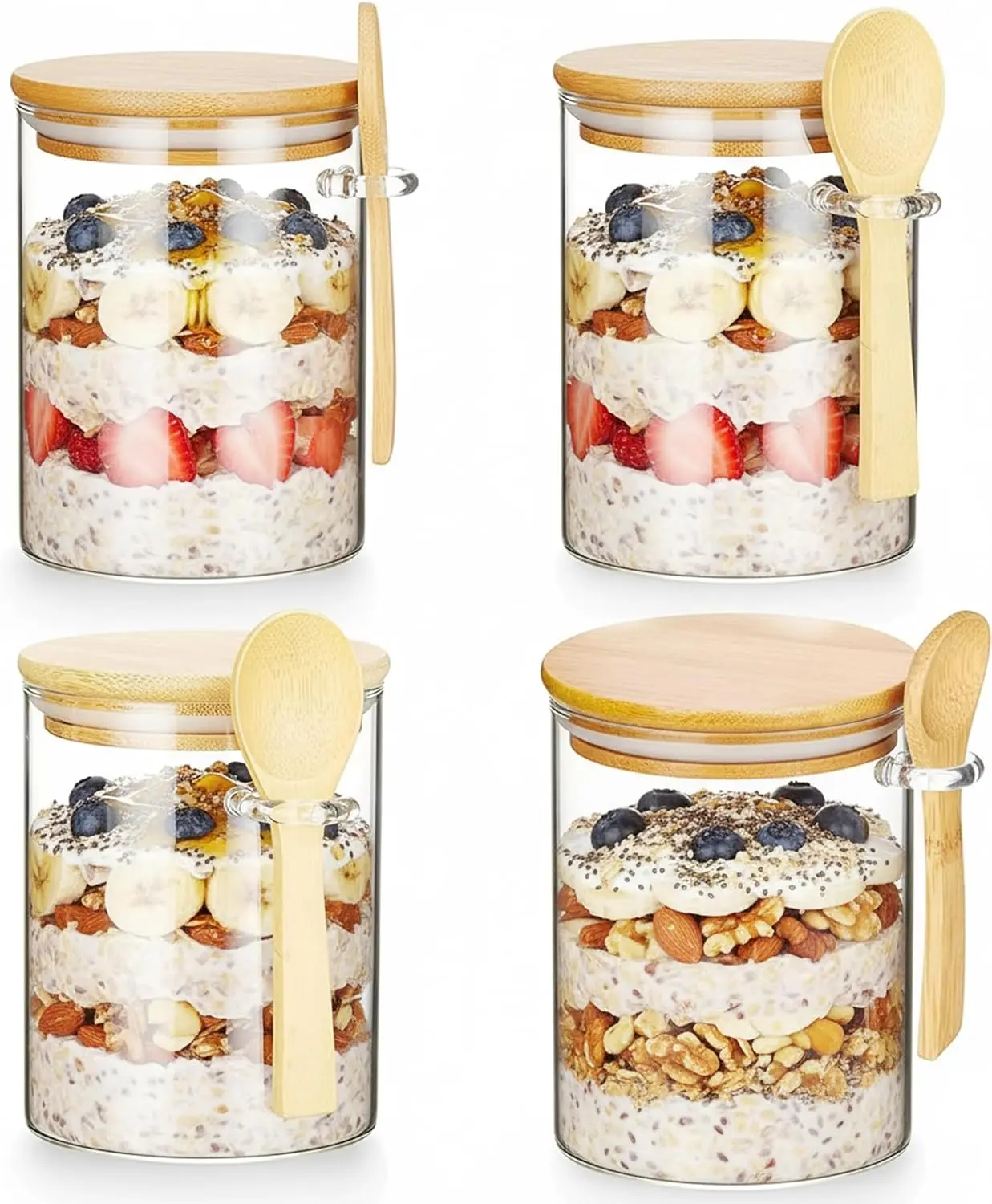 16oz Airtight Wide Mouth Glass Overnight Oats Jars (Set of 4) with Bamboo Lids - Leakproof Home Supplies Glass Body Storage Bottles & Jars for Daily Meal Prep, Busy Lifestyles