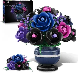 Flowers Botanicals Building Set - Artificial Purple Black Rose Bonsai Plant for Home Decor, 507PCS Artificial Flowers Building Set Indoor Gothic Decoration, Christmas Birthday Gifts for Adults