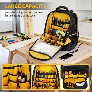18 Inch Heavy Duty Tool Backpack, Hard Bottom & Water-Resistant Oxford Fabric, Multi-Pockets Work Backpack with Laptop Sleeve & Tool Pouch, Durable Construction Work Gear for Men