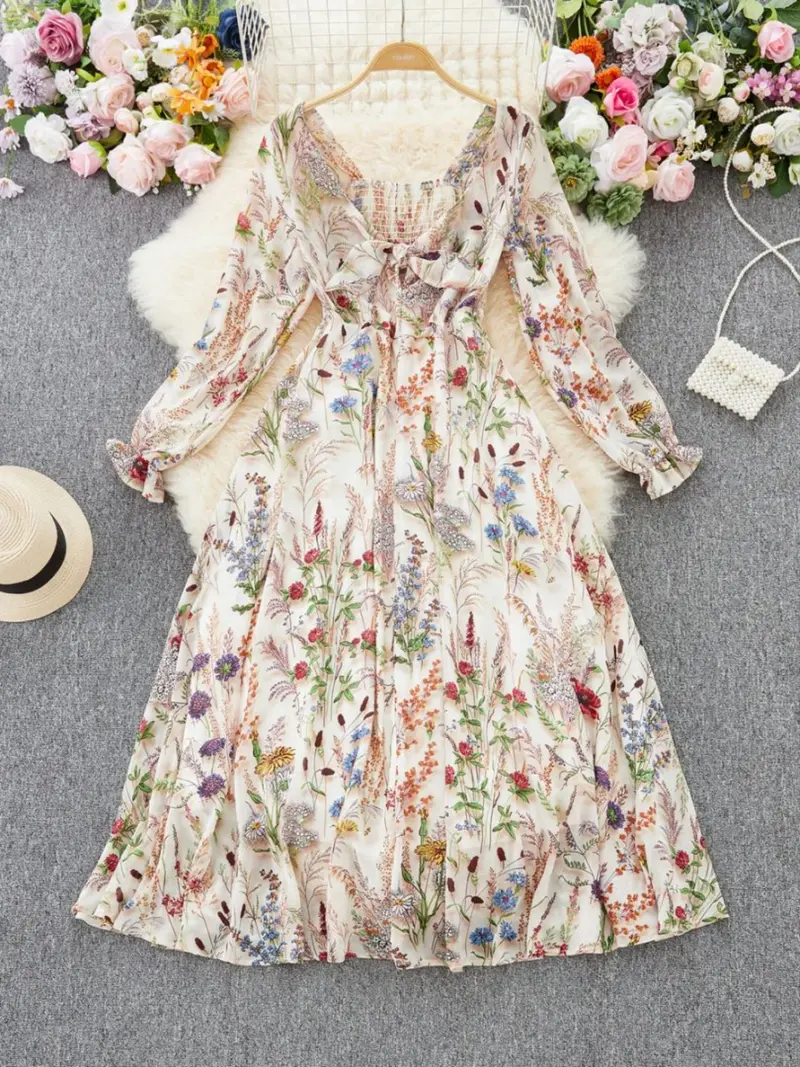 Elegant Floral Print Dress for Women, French Style Fashionable Ladies' Clothing, New Arrival European Inspired Design Casual Wear