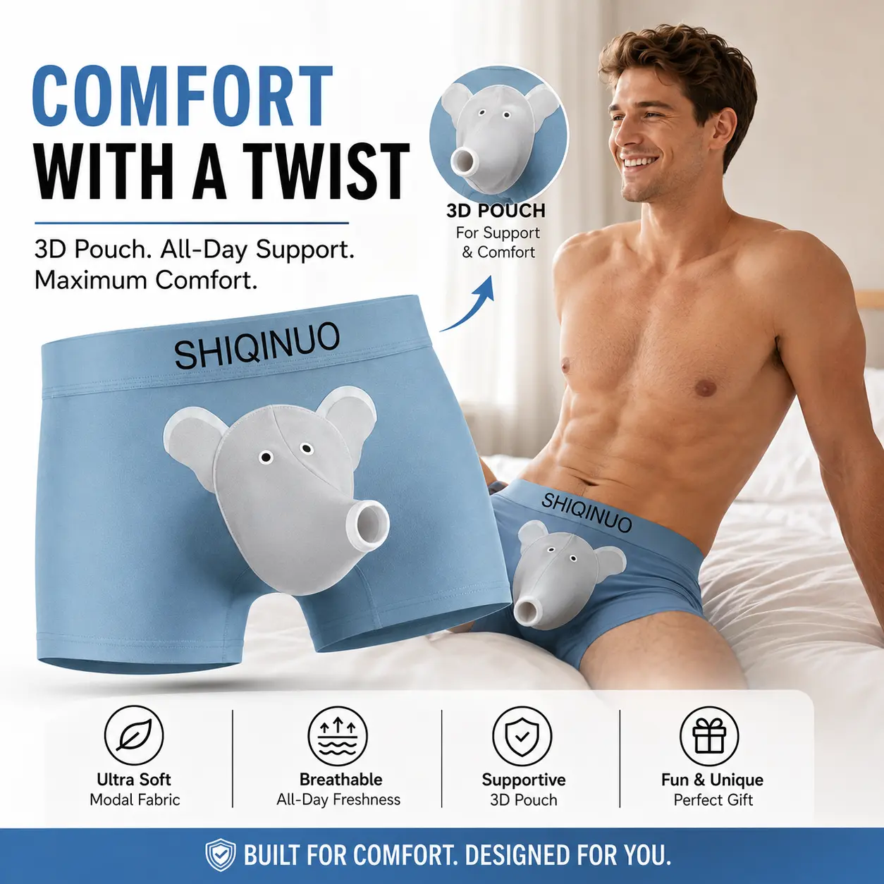 Men's Elephant Trunk Boxer Briefs 3 Pack, Soft Modal Stretch Novelty Underwear with Functional Front Opening, Funny Gift for Men Fabric Menswear Boxers Briefs Stretchy Boxer Briefs sohochic Printed Boxer Briefs Boxershorts