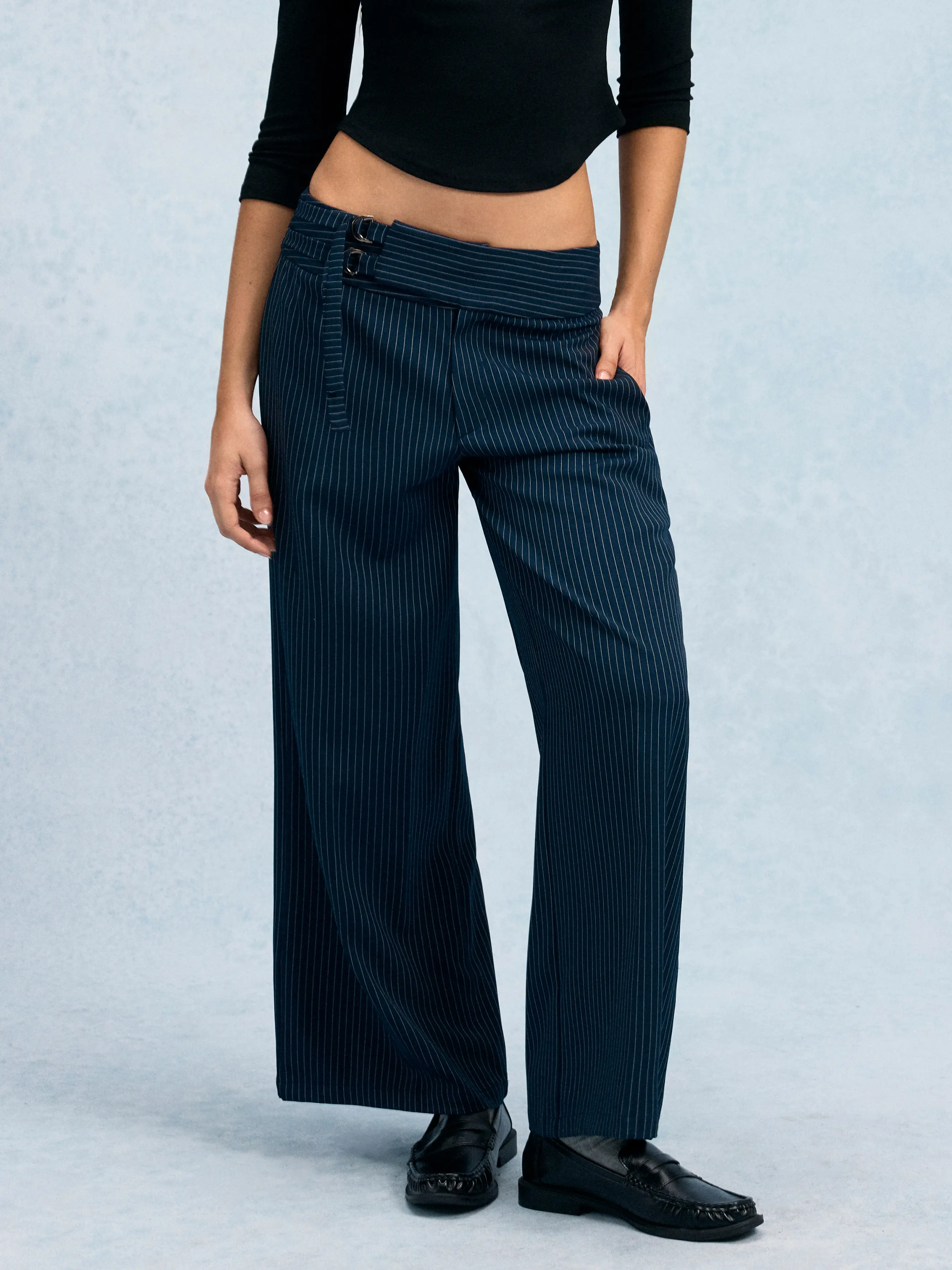 Cider Striped Low Rise Buckle Wide Leg Trousers