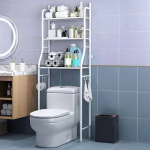 Gaomon White Iron 3-Tier Over-The-Toilet Storage Shelf, Bathroom Organizer with 2 Removable Hooks & Stability Protection, Freestanding Toilet Rack for Restrooms