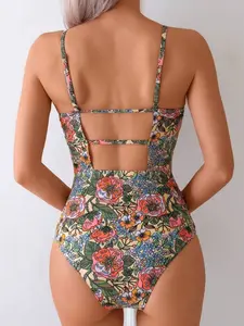 Women's Tropical Floral Backless One-Piece Swimsuit - Casual Holiday Beach Wear