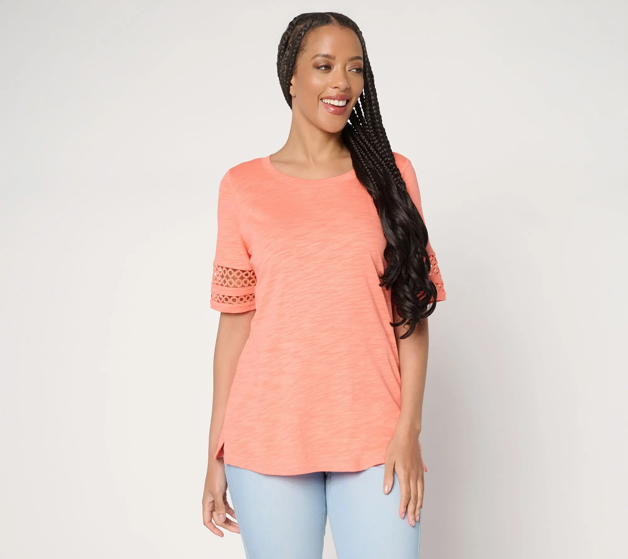 Belle by Kim Gravel Slub Knit Elbow Sleeve Circle Trim Top