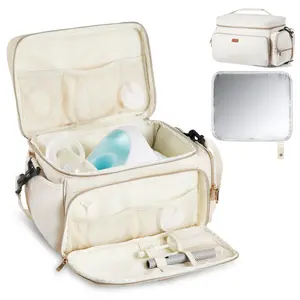 VEVOR Breast Pump Bag, Breast Feeding Bag with Waterproof Mat, Fits for S1/S2, Pumping Accessories & Breastmilk Storage, Portable Pump Carrying Case for Work, Travel and Family Use, Beige