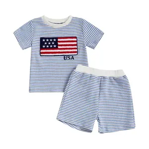Toddler Baby Boy 4th of July Outfit American Flag Embroidery Striped Short Sleeve T-Shirt and Shorts Set Waffle Knit USA Independence Day Clothes