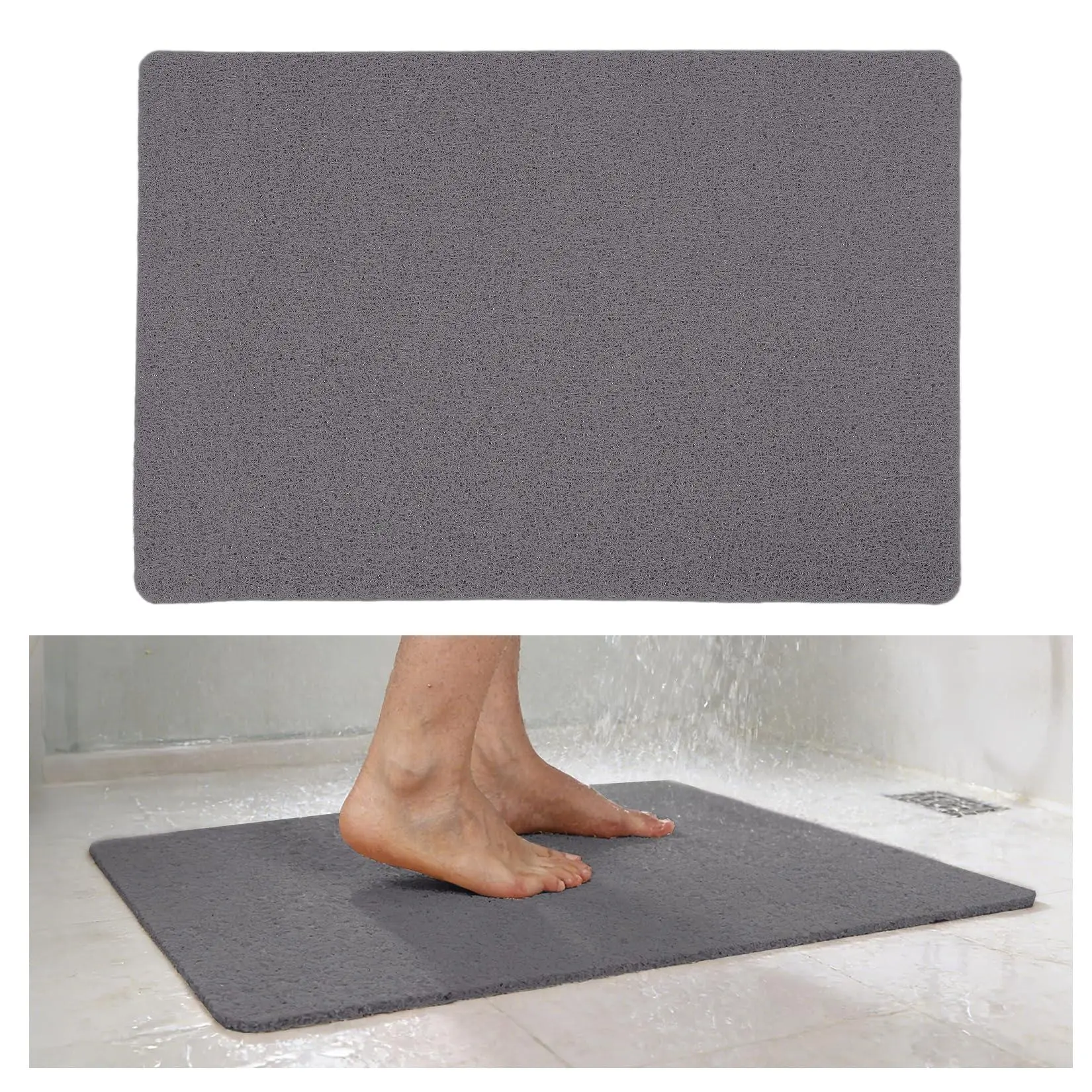 Garvee PVC Synthetic Rectangle Modern Bath Mat - Non-Slip, Quick-Dry Surface, Soft Loofah Texture, Absorbent, Durable - Rinse or Shake Clean, Dry Floor Fast - Ideal for Shower, Tub, Gray Beige