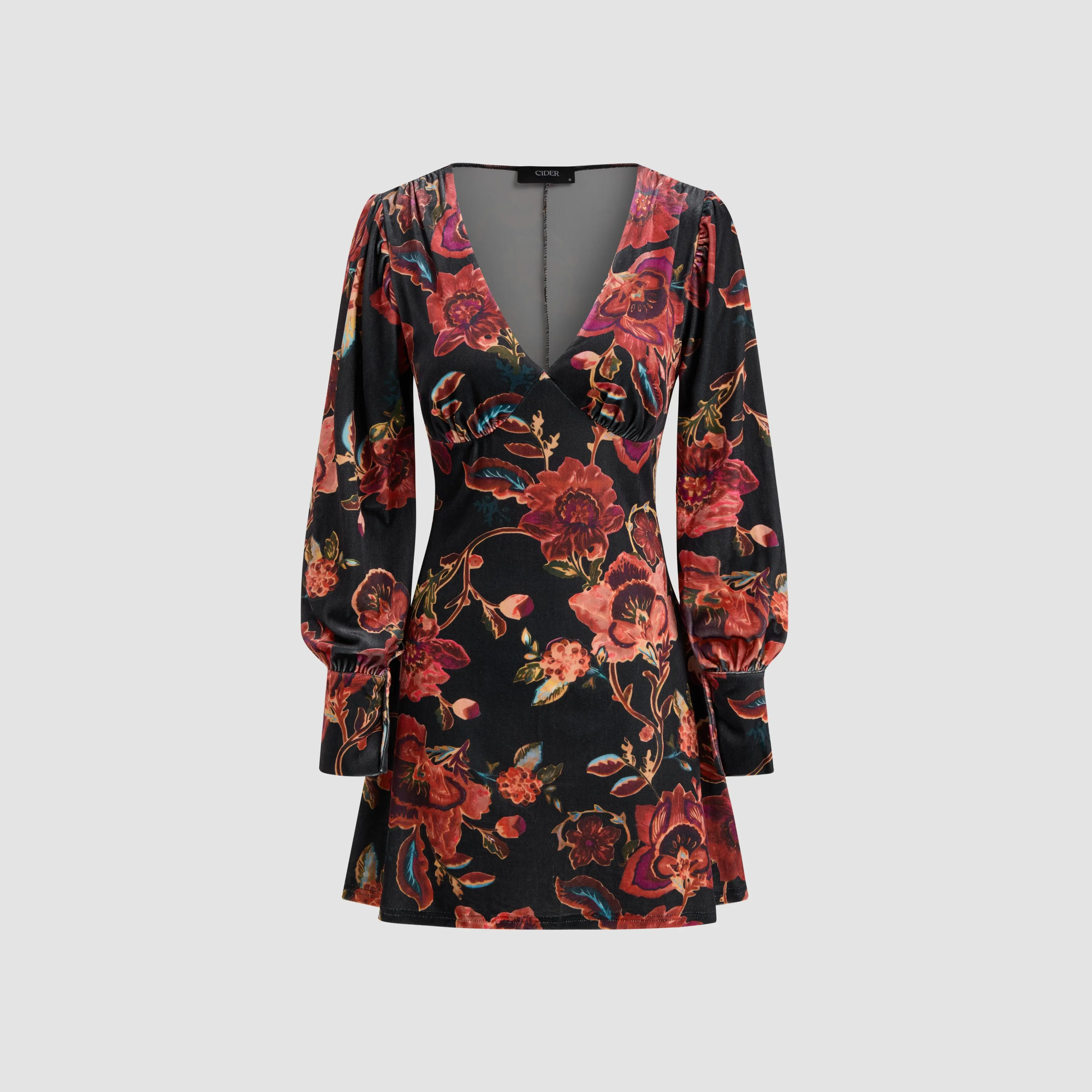 Cider Women's Floral Print Velvet V-Neck Long Sleeve Bodycon Mini Dress, Pull-On Style for Evening Parties and Date Nights, Chic Elegant Casual Dress