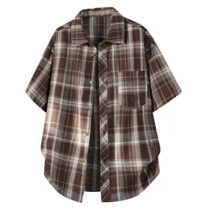 Menswear Checked Short-Sleeve Shirt - New Summer Maillard Retro, Unisex Loose Drop-Shoulder Stylish Streetwear, Breathable Lightweight Top for Students, Versatile Couples Layering
