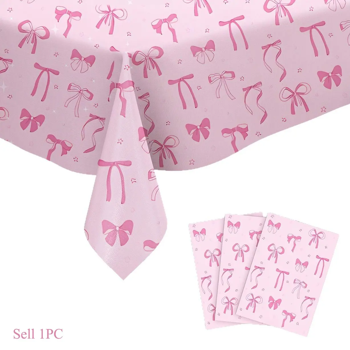 1pc Pink Bow Pattern Tablecloth, PE Material Tablecloth, Water Proof, Pink First Birthday Decor, Wedding Supplies, Bow Birthday Decor, Bridal Shower Favor, Pink Bow Birthday Party Supplies, Birthday Party Decor, Pink Bow Decor, Table Decorations