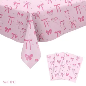 1pc Pink Bow Pattern Tablecloth, PE Material Tablecloth, Water Proof, Pink First Birthday Decor, Wedding Supplies, Bow Birthday Decor, Bridal Shower Favor, Pink Bow Birthday Party Supplies, Birthday Party Decor, Pink Bow Decor, Table Decorations