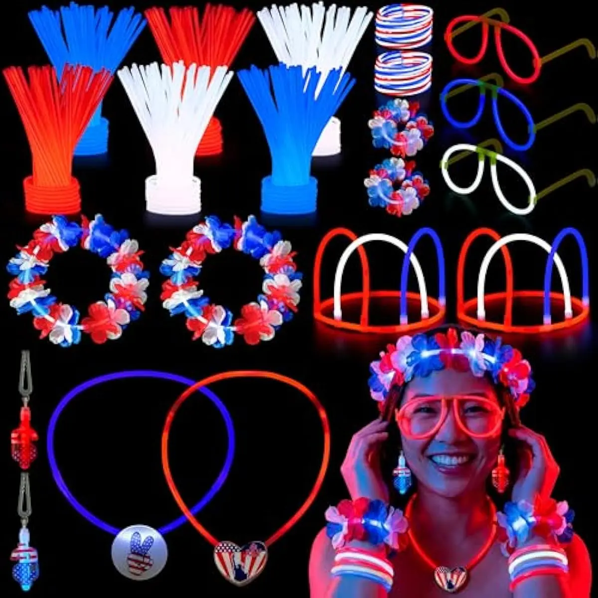July 4th Glow Stick Accessories Set, Patriotic Red White Blue Light Up Headbands, Glasses, Earrings, Bracelets Necklaces, Glow in the Dark Party Favors for Independence Day, Parade & Celebration