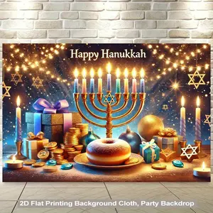 2D Flat, 1pc Self-Lit Hanukkah Banner with Candles - Glowing Menorah, Dreidels & Hebrew Text - No Electricity Needed, Durable Indoor/Outdoor Party Decorations for Jewish Holiday Celebrations, Gi White
