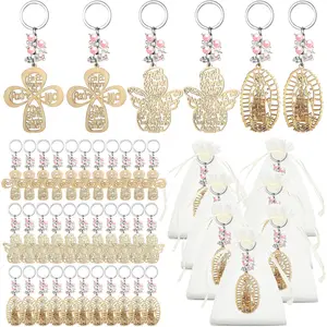 30 Pcs Baptism Key Ring Gift Bautizo Recuerdos De Bautizo Para Cross Wooden Keychain with Organza Bags(Pink Pearls)