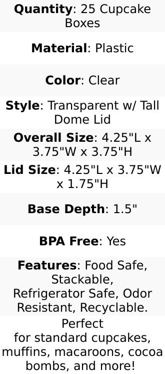 25-Pack Plastic Cupcake Container Boxes with Dome Lid 4" Clear - Stackable Individual Clamshell-Packaging for Bakery Display & Party Favors