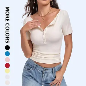 Women's Boat Neck Short Sleeve Henley T Shirts Summer Button Ribbed Slim Fit Tops Casual Basic Tee Blouse 2026 SwimWeek summervibes