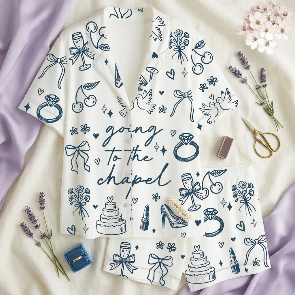 Going To The Chapel Bridal Pajama Set White Navy Blue Bachelorette Party PJs Cute Wedding Doodle Print Short Sleeve Button Down Shirt Shorts Sleepwear Bride To Be Honeymoon Gift for Women Soft Cozy Loungewear Matching Pyjamas