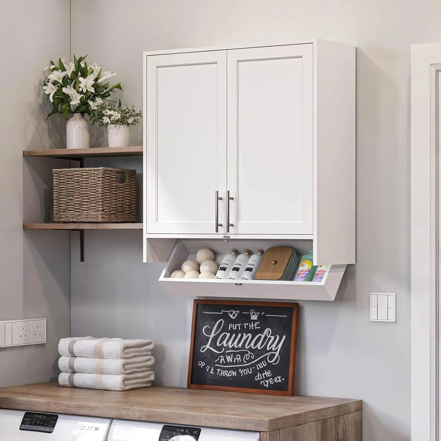 White Shaker Wood Wall Mount Cabinet with Flip-Bottom Drawer, 29.5''Wx11''Dx31''H Multi-Purpose Kitchen Furniture with Storage Compartments & Hidden Compartment, for Laundry Room, Bathroom