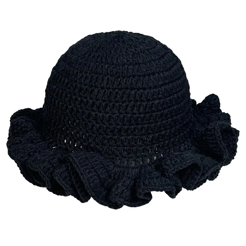 Ladies' Solid Color Hollowed-out Hand-crocheted Bucket Hats, Ruffled Fisherman Hats, Casual Style Knitted Hats, Beanie Fitted Hat, Fashion Beanie Hat, Knitting Warm Hat, Suitable for Autumn and Winter