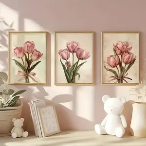 3pcs Spring Tulip Bouquet Watercolor Floral Poster Canvas Art, Wooden Frame Wall Decor for Living Room, Romantic Natural Style Hanging Painting