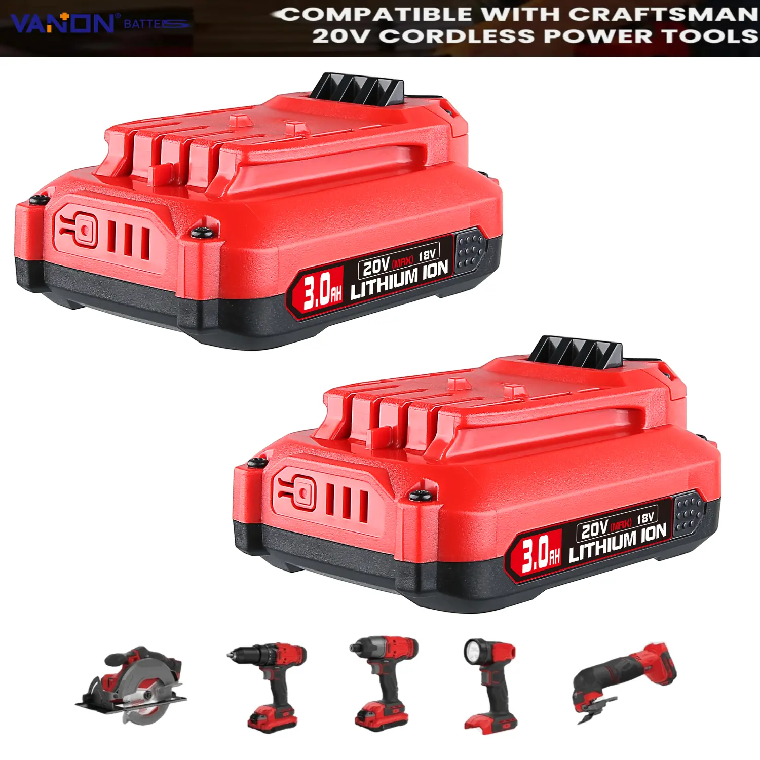 2-Pack 20V 3.0AH Lithium Replacement Batteries for Craftsman V20 Cordless Power Tools, Cordless Drill Battery Compatible with CMCB204, CMCB202, CMCB206
