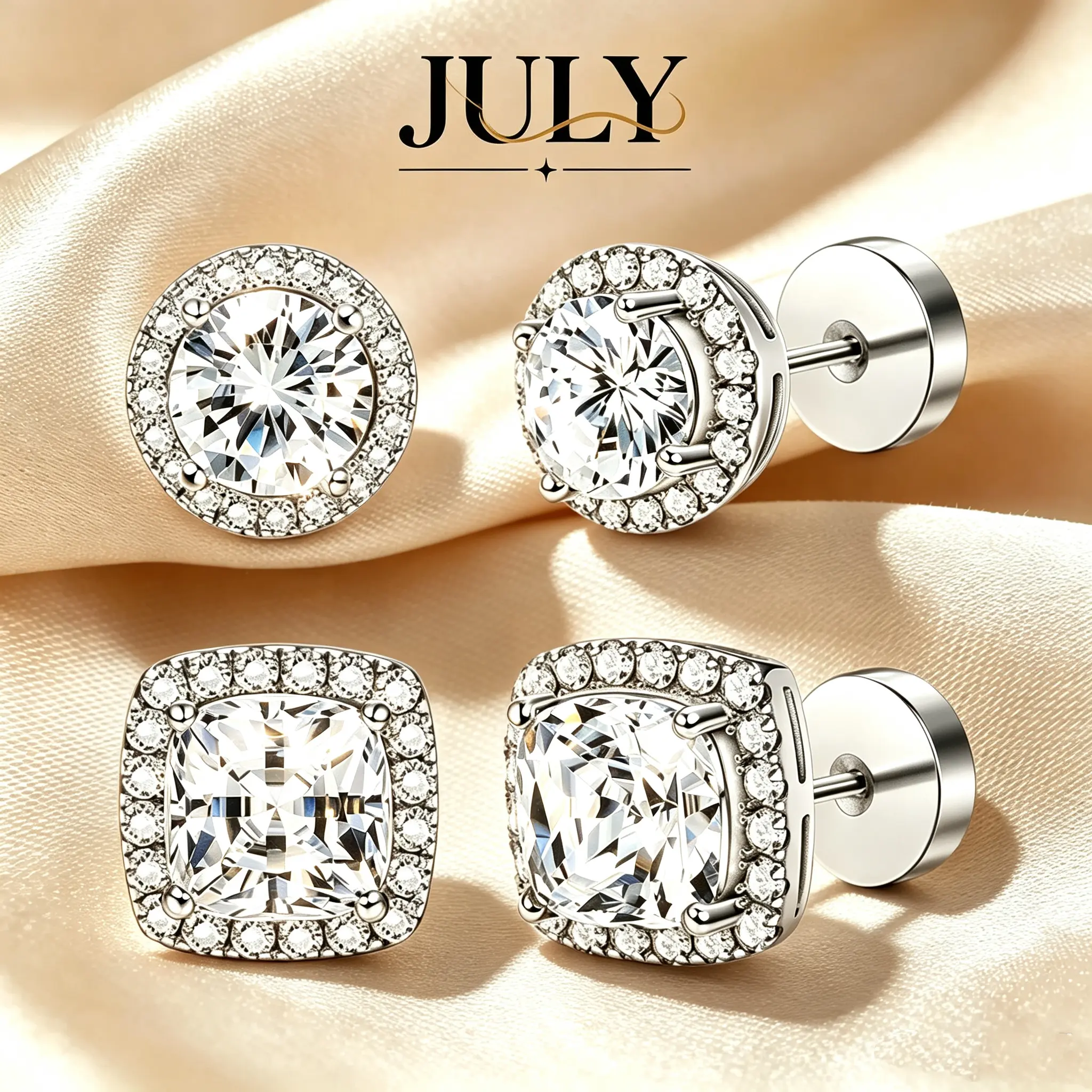 Women's 4-Piece Halo Lab-Created Cubic Zircon Stud Earring Set - Gold/Silver 2-Tone, Round/Geometric Square Styles, Hypoallergenic, Includes Ear Backs & Exquisite Jewelry Box, Ideal Gift for Her, Multi-Earring Set for Summer Outfits, Geometric Square Earr