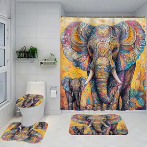 1/4 piece artistic elephant pattern design bathroom set, Shower curtain sets, including soft floor mats with good rebound, water absorption, anti slip, toilet seat cushions, shower curtains, home decor, preferred for gift giving