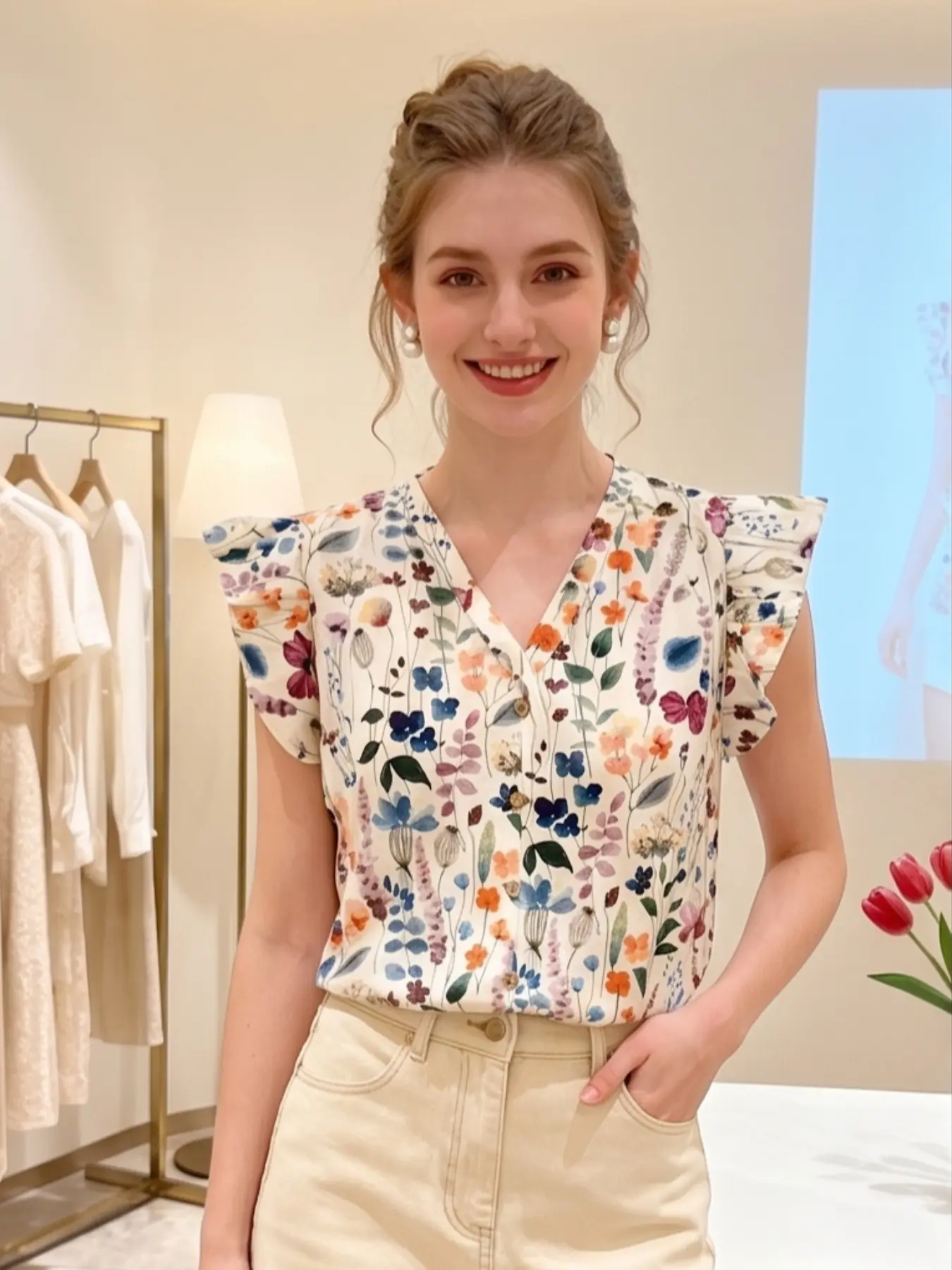 Elegant Boho Flounce Sleeve Flutter Sleeve Floral Print Blouse | Flattering V-Neck Button-Down Shirt | Slimming Fitted Summer Top for Chic Daily Wear