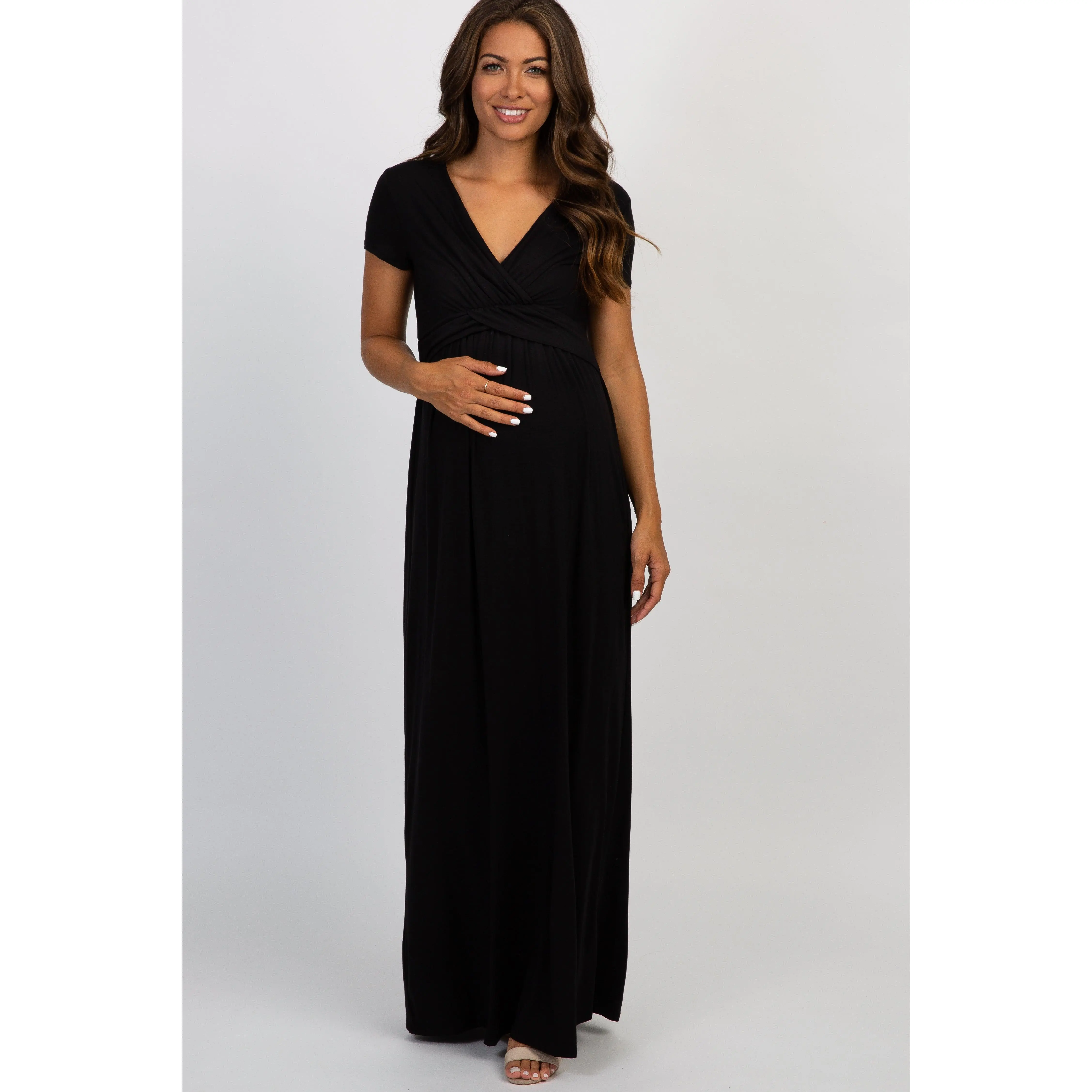 PinkBlush Petite Black Draped Maternity/Nursing Maxi Dress