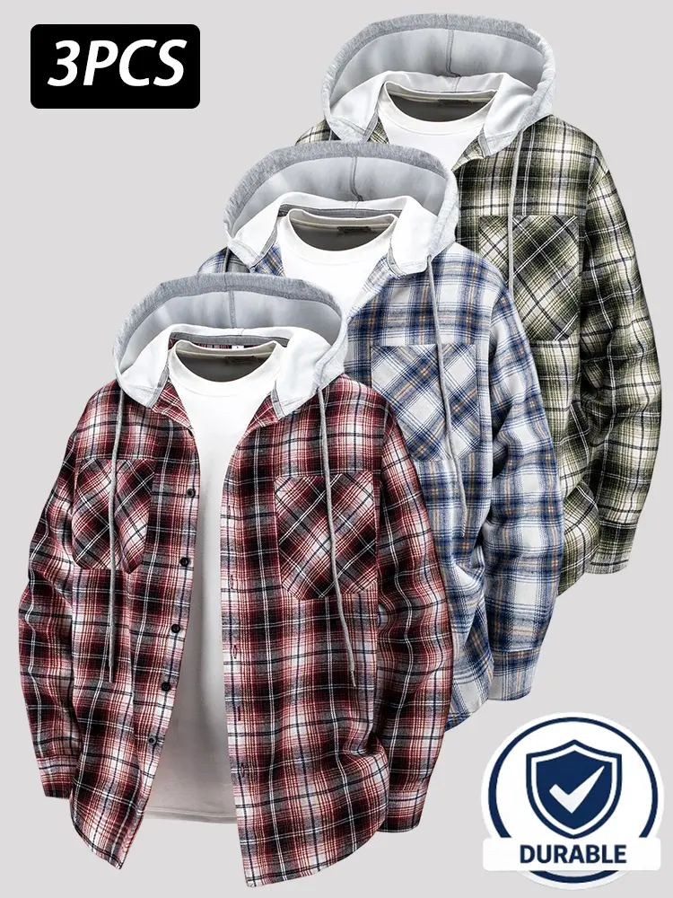 Men’s Plaid Hooded Flannel Shirt Jacket, Long Sleeve Button Down Shacket with Drawstring Hood and Dual Chest Pockets, Casual Layering Outerwear for Fall Winter, Available in 1 Pack, 2 Pack or 3 Pack