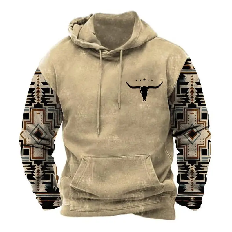 Men Western Ethnic Geometric Aztec Hoodie Men's Cow Skull Print Pullover Tops Casual Long Sleeve Street Sweatshirt Men Western Ethnic Geometric Aztec Hoodie Men's Cow Skull Print Pullover Tops Casual Long Sleeve Street Sweatshirt