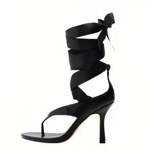 Custom Made Womens Black Leather Thong High Heel Sandals with Satin Ribbon Lace Up Stiletto Wrap Around Ankle Elegant Party Evening Heels for Wedding Cocktail Prom Clubwear Formal Dress Sandals