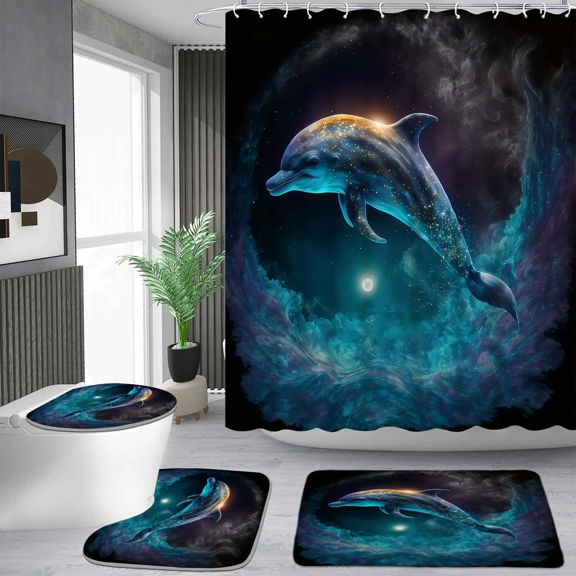 Starry dolphin nebula pattern shower curtain set, waterproof shower curtain with 12 hooks, non-slip bathroom carpet, toilet U-shaped cushion, toilet seat cover cushion, bathroom shower curtain set, perfect moving gift.