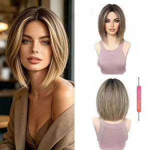 Brown Ombre & Platinum Blonde Bob Synthetic Hair Wigs Short Straight Layered Bob Wig Premium Hair for Daily & Party Looks
