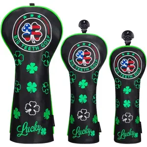 BIG TEETH Golf Head Covers Driver Hybrid Fairway Cover Golf Club Protector Lucky Clover and USA Pattern Black