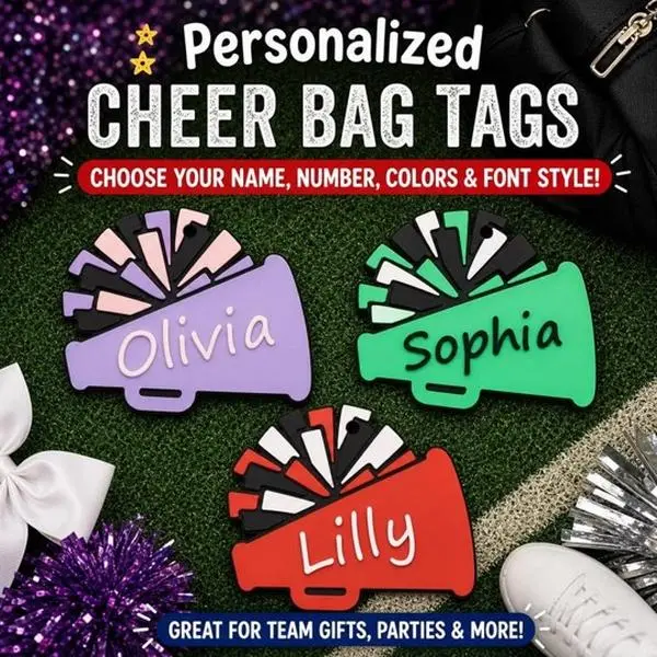Personalized Cheer Bag Tag w/ Clip & Ring | Pom-Pom Megaphone Name Keychain | Custom Cheerleader Tag, Team Gift
