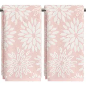 2 Pcs Beige Pink Dahlia Floral Jacquard Hand Towels for Bathroom, 100% Cotton Soft Absorbent Decorative Bathroom Towels, 13.7 x 29.5 Inch