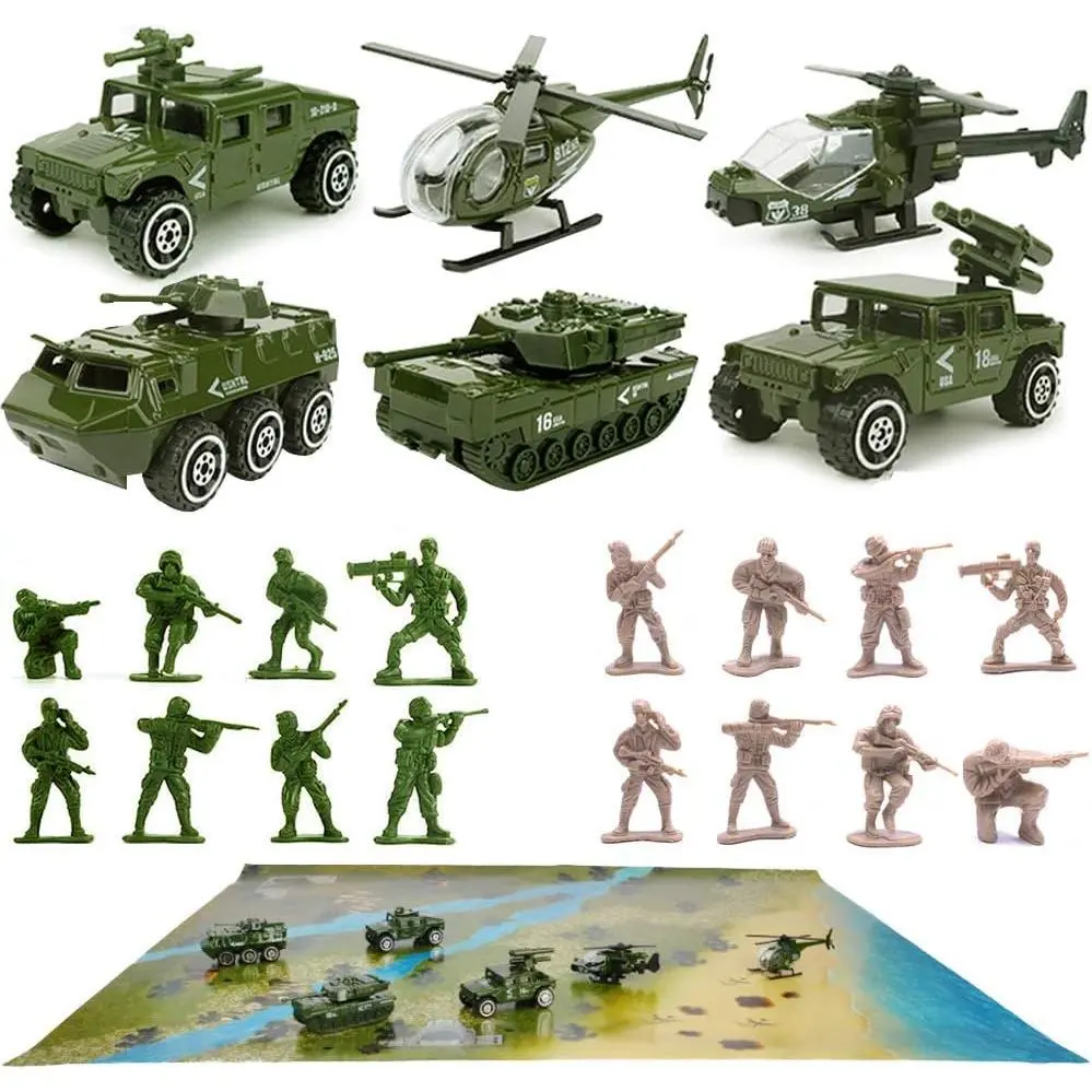 L-MTS0027 23-Pack Die-Cast Military Vehicles Playset - Alloy Metal Models, 16-Pack Army Soldiers, Playmat, Mini Tank, Helicopter for Children, Car Seat Toys, Birthday Cake Topper, Fun Time Imaginative Games