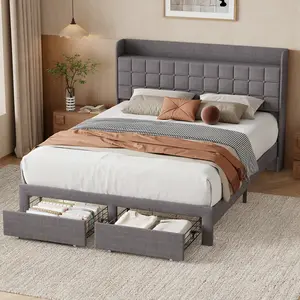 Upholstered Platform Bed Frame with 2 Large Storage Drawers and Wingback Headboard, Linen Fabric, No Box Spring Needed, Gray