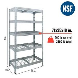 212 MAIN Galvanized 5-Tier Wire Storage Rack - 35.4x18x71in Durable Rustproof Stable Freestanding Bookshelf Rack, NSF Certified, 500lb Capacity Metal Organiser for Commercial/Office Furniture Shelving