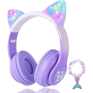 P-HPS013   Cat Ear Kids Headphones Bluetooth, LED Light up Wireless/Wired Mode Over Ear Headphones with Build in Microphone for School/Travel (Purple)