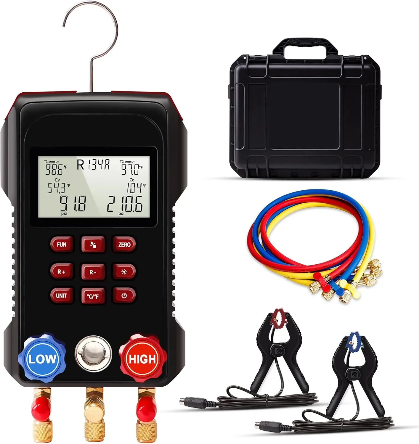 Digital HVAC Gauge Set with 3000PSI Hoses, Refrigerant Manifold Gauge for R134a R410A R454B R32 R290 R600a, HVAC Tools for Mini Split, Heat Pump & Automotive AC Repair, A2L Digital HVAC Gauge Set, AC Manifold Gauge with Dual Temp Clamps