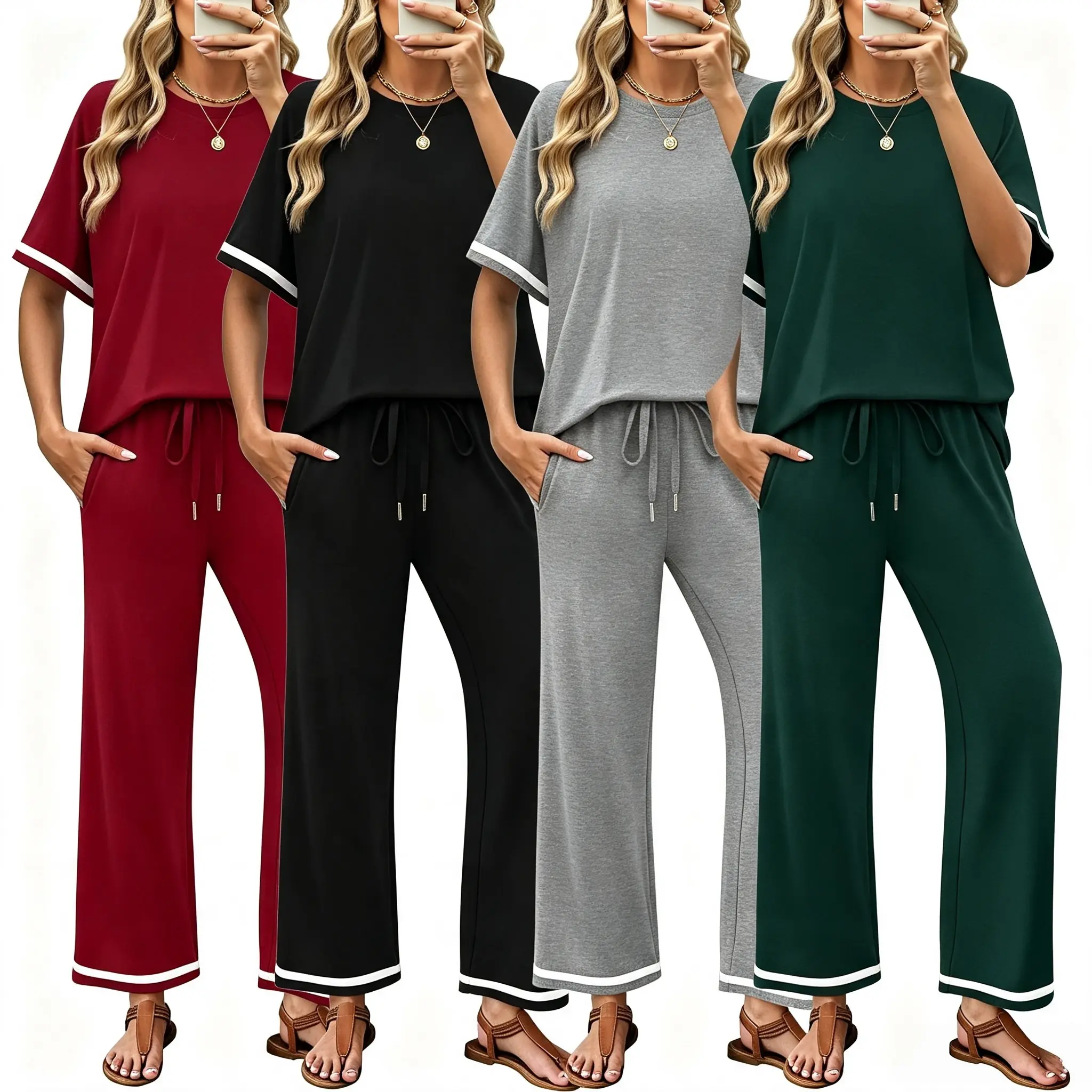 Lounge sets for women short sleeve tops and long pants soft comfy  set 2 piece outfits S-XXL women's  set pajamas Casual Drawstring