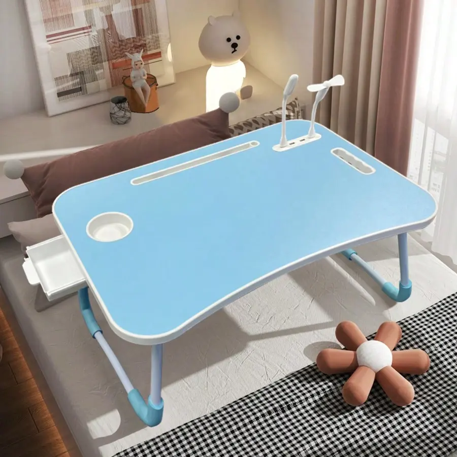Extra Large Portable Laptop Bed Table Folding Table, Computer Table - Multifunctional Tray Stand With Cup Holder And Drawer, USB, Fan And Light - Ideal For Eating, Reading And Writing In Bed, On The Sofa, On The Floor - Stable, Durable And Foldable