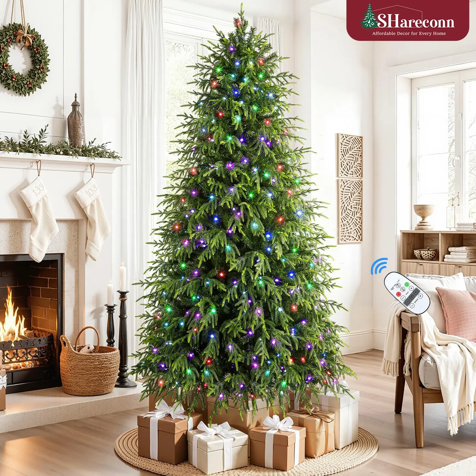 SHareconn 2026 5.5/6.5/7.5/8/9FT Hinged Synthetic Norfolk Pine Artificial Christmas Tree, Irregular Shape, Remote Control Colorful Lights with 17 Modes, PE-PVC Branches for Home Festive Decor