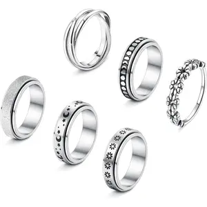 FINREZIO 4-6Pcs Stainless Steel Spinner Ring for Women Mens Fidget Band Rings Moon Star Celtic Stress Relieving Wide Wedding Promise Rings Set Daily