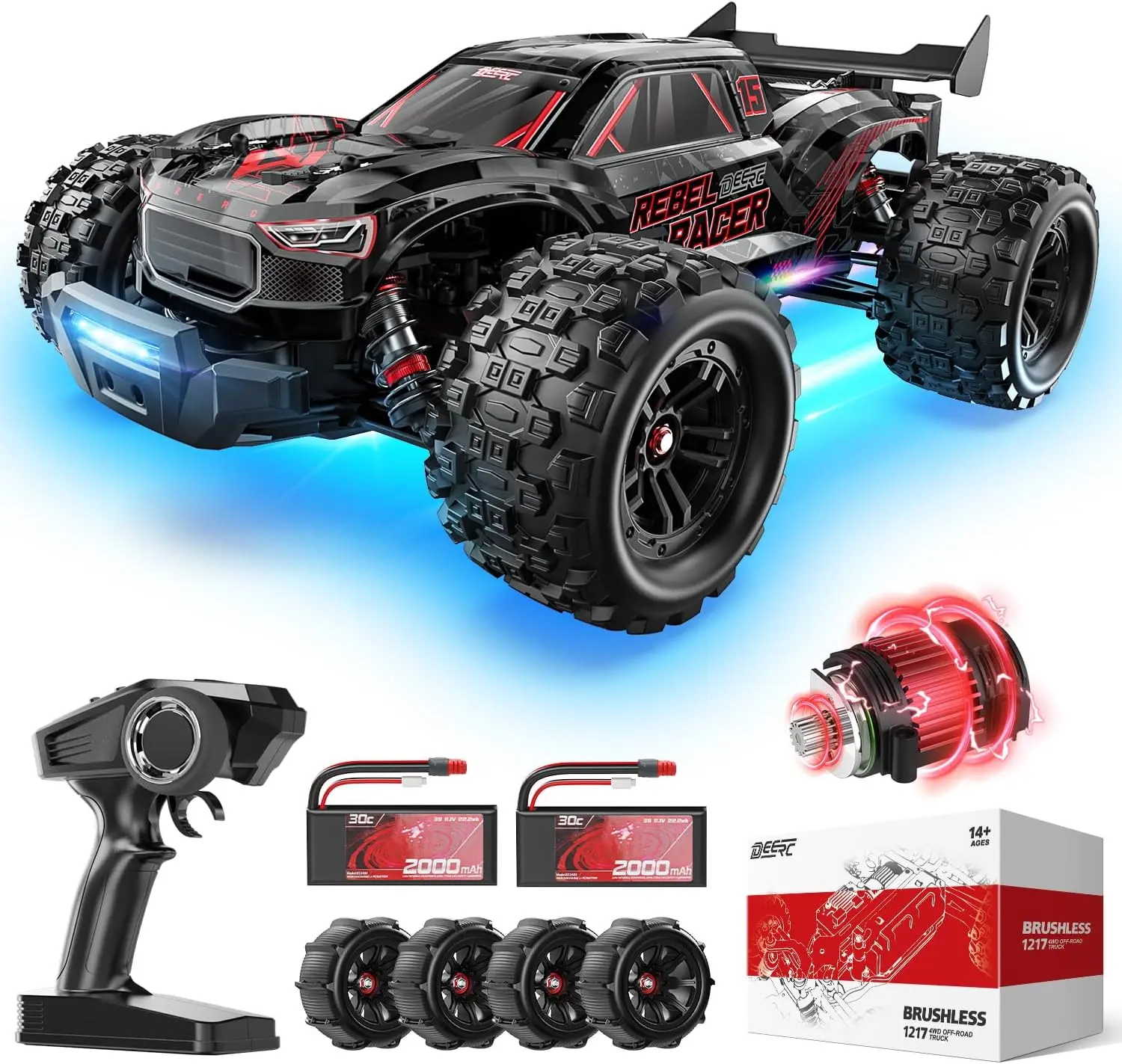 DEERC 1:14 Brushless RC Car - 46+ MPH 4WD Off-Road Truggy, 2*3S Lipo Batteries, 7 Lighting Modes, All-Terrain for Snow & Sand, Summerwins RC Cars