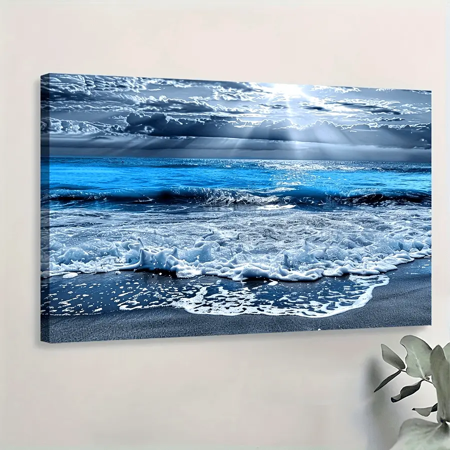 12*16 in Framed Decorative Wooden Canvas Wall Art Painting - Beach Sea Waves Design, High-Quality Printing, Living Room Office Home Decor, 12*16 Inch