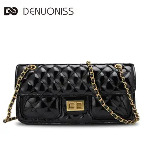 DENUONISS Diamond-Quilted Chain Bag - Glossy Patent Leather, Versatile Vintage Design, Crossbody or Shoulder, High-End Texture, Waterproof & Wear-Resistant, Pure Black, Fashion Must-Have, Classic Style, Retro Gold Hardware Locks outdoorfun